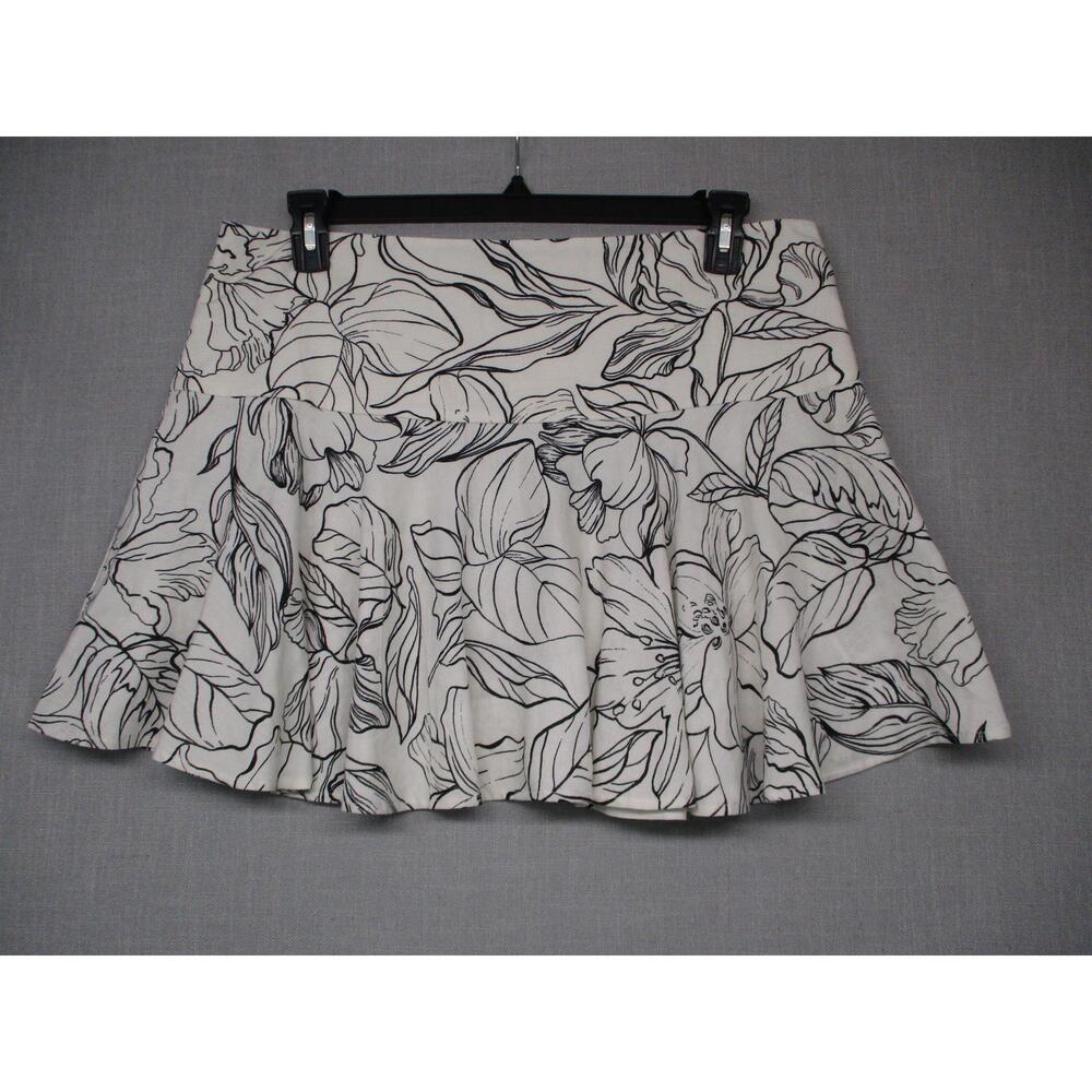 Linen Blend Black White Floral Pleated Trendy Midi Aline Skirt Womens Size US 14